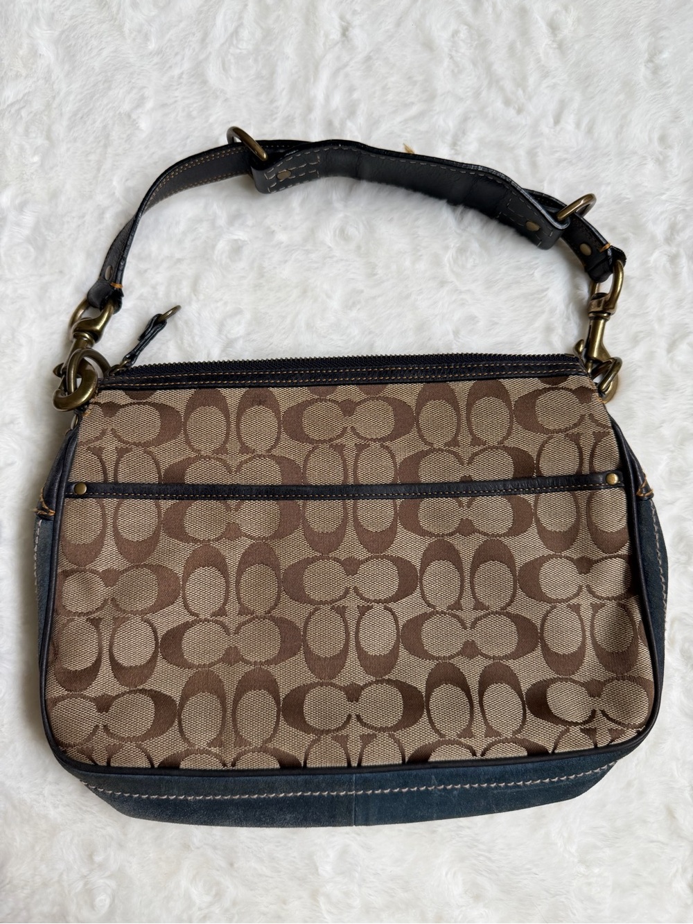 Coach Brown Logo Canvas Shoulder Bag with Dark Blue Leather Trim - Picture 2 of 10